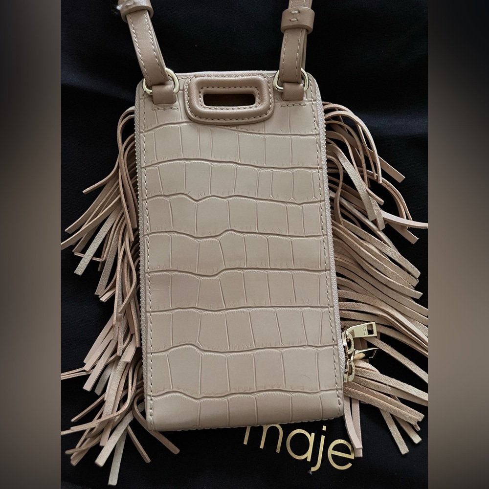 Maje Beige Croc-Embossed Fringe Crossbody Bag - Picture 5 of 9
